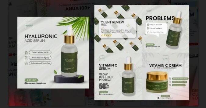 Aura Vitals skincare social media post designs for Aura Vitals UK UK social media content agency