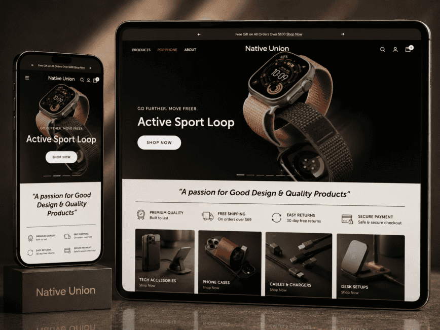 Native Union UK ecommerce store design shown on phone and tablet Shopify