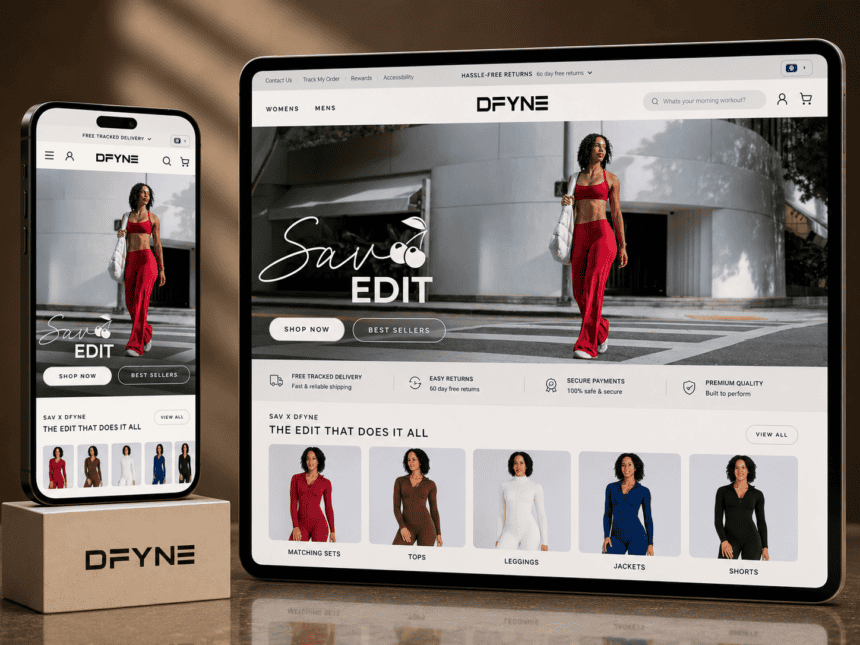 DFYNE UK ecommerce store design shown on phone and tablet Shoify