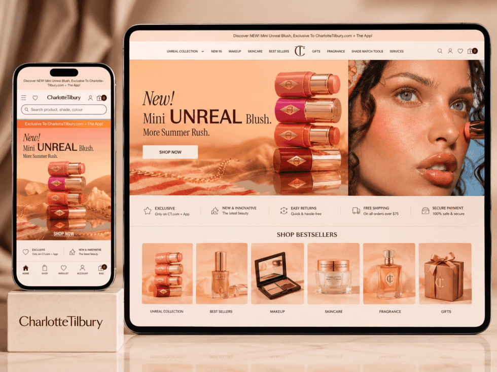 Charlotte Tilbury UK ecommerce store design shown on phone and tablet Shopify