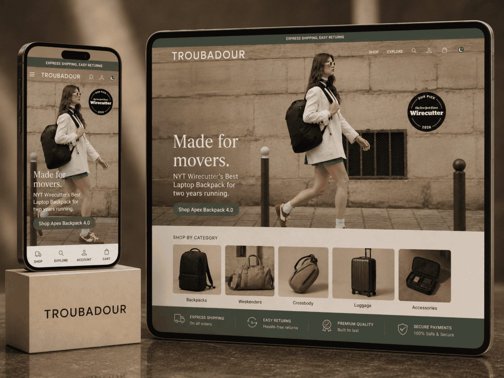 Troubadour UK ecommerce store design shown on phone and tablet Shopify
