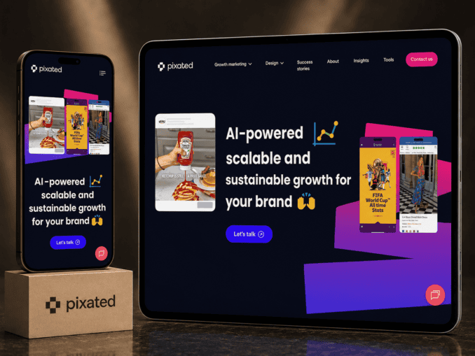 Pixated growth marketing agency website shown on phone and tablet wordpress developement