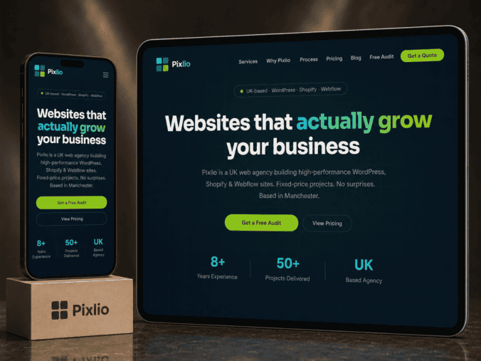 Pixlio web agency website shown on phone and tablet wordpress developement