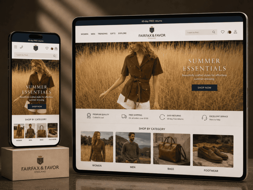 Fairfax & Favor England ecommerce store design shown on phone and tablet Shpify